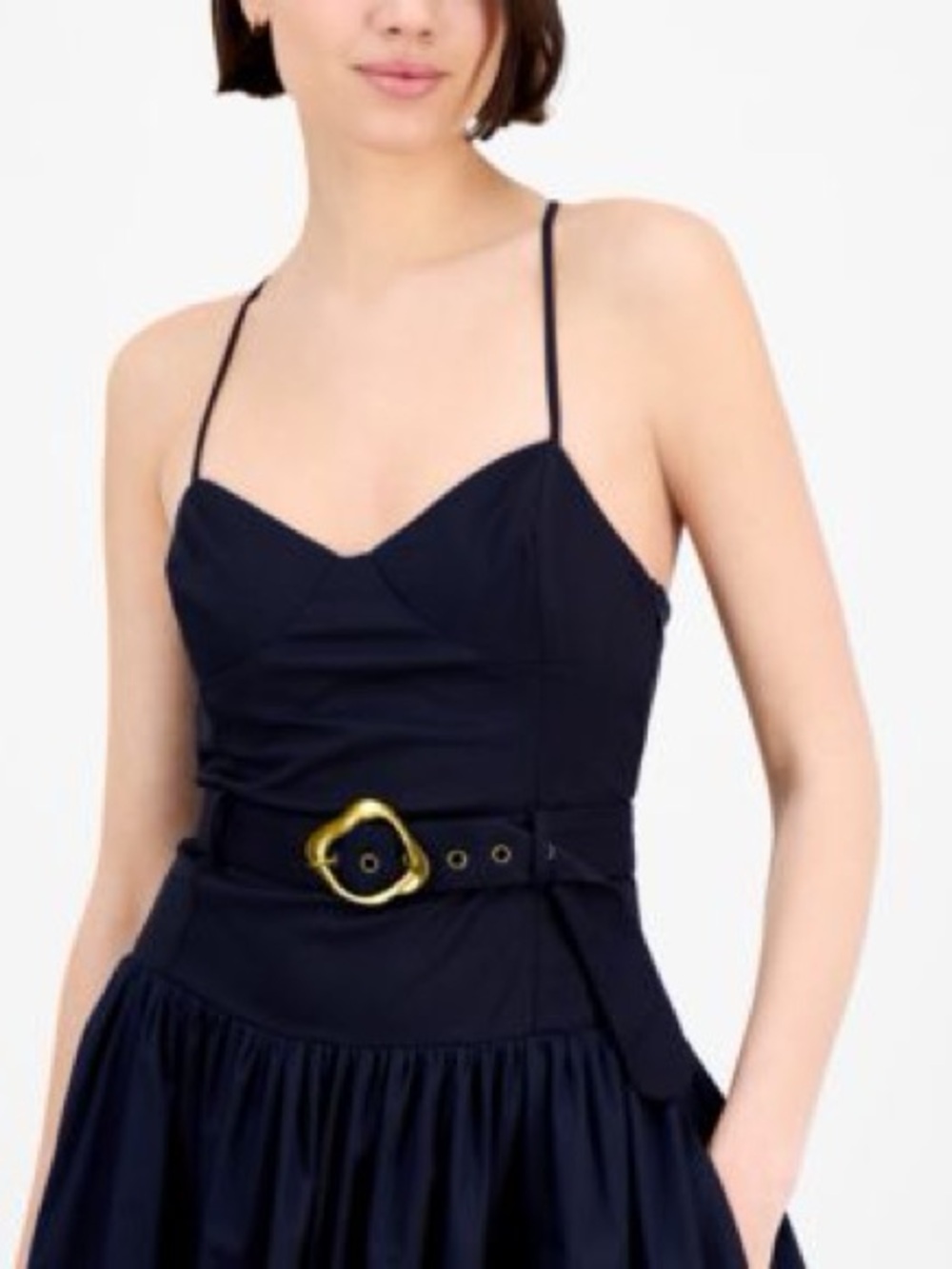 En Saison Navy Spaghetti-Strap Midi Dress with Gold Buckle